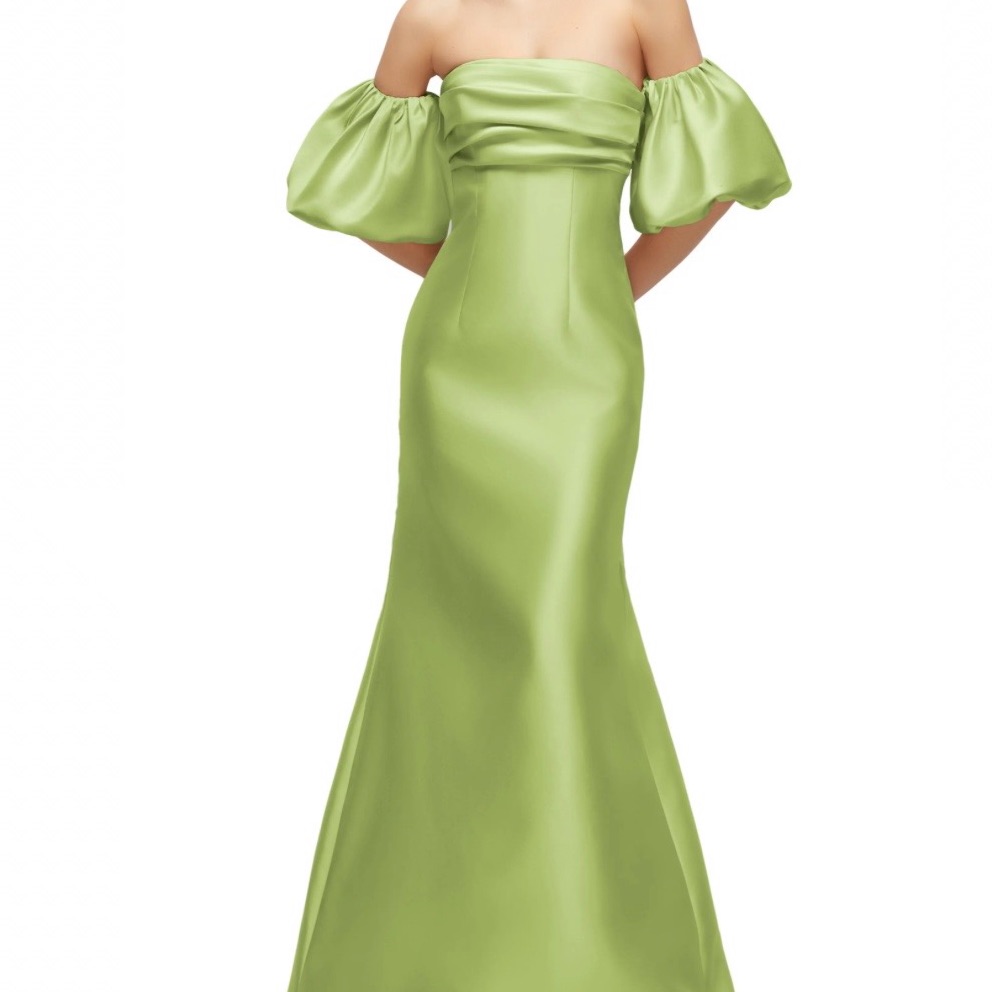 Alfred Sung Off The Shoulder Puff Sleeve Satin Gown Mojito Green